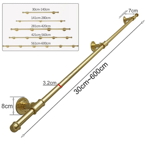 Heavy Duty Gold Wall Mount Staircase Handrail Kit No Sweat Setup Wrought Iron Banister Bracket Set Quick Install Indoor Outdoor Safety Step Railing 17 Foot Long, detailed dimensions and mounting points.