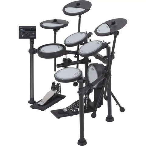 Ultra Quiet 5 Piece Electronic Drum Kit For Home Practice With 75 Percent Noise Reduction Includes Quiet Pads Pedal Base And Stand TD 07 Module Bluetooth Connectivity And A Versatile V Drums Style Set For Late Night Jams visible from side angle.