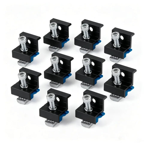 Top Shelf Heavy Duty End Clamps For Solar Arrays, black anodized aluminum, 10-pack for 1-5/8 inch strut channels.