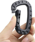Person holding a Grab-And-Go Lightweight Polymer Carabiner Keychain, showing quick lock D ring clip, black, for camping and travel.