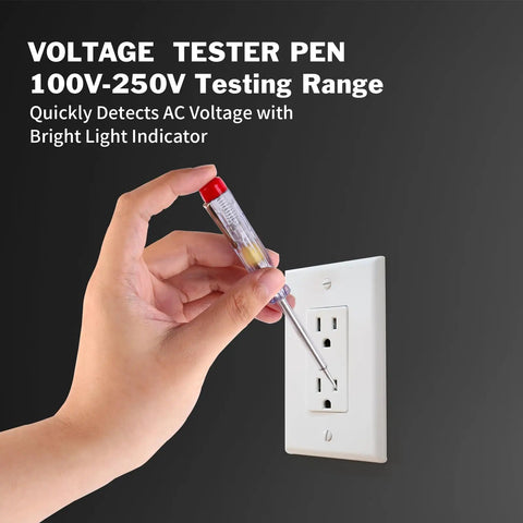 Hand using voltage tester pen with light indicator on wall outlet
