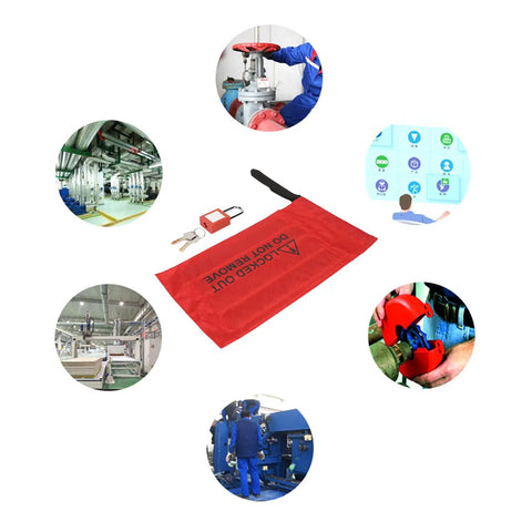 Collage of 38mm Shackle Safety Padlock Lockout Tagout Lock with PVC Bag for industrial electrical equipment LOTO use in various settings.
