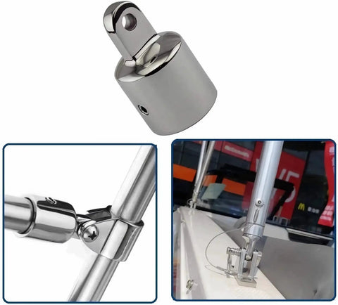 12 Piece Bimini Top Hardware Kit With Eye End Caps, Jaw Slides And Deck Hinges, Quick Release Pins, Pro Grade Stainless Steel 316 Marine Fittings For 1 Inch Canopies showing eye end cap and hinge detail