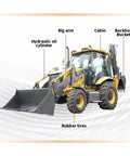 Beefy 4WD Backhoe Loader with 2.8 Meter Digging Depth, featuring cabin, backhoe bucket, and rubber tires, suitable for rugged worksites.