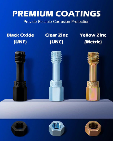 Thread chaser set with 3 taps and 3 dies in black oxide UNF, clear zinc UNC, and yellow zinc metric finishes.