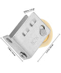 Heavy Duty Beefy Sliding Door Pulley Wheels For Quick Easy Swap Track Rollers And Patio Window Guides With Smooth Gliding Stainless Steel Build That Lasts Forever, close-up of stainless steel roller with measurements.