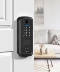 Video Smart Lock With Camera 2K HD, Keyless Entry, installed on white front door showing keypad and camera in black finish