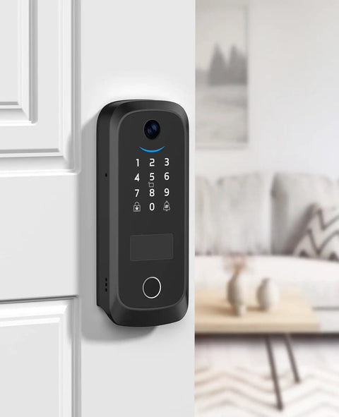 Video Smart Lock With Camera 2K HD, Keyless Entry, installed on white front door showing keypad and camera in black finish