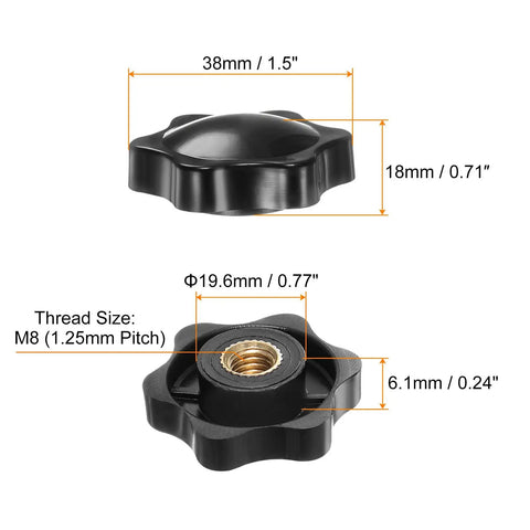 Dimensions of 12 Pcs Star Knobs M8 Female Thread 38mm 6-Point Plastic Head Brass Insert Non-Through Hole Screw-In Hand Knob
