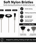 Hella Versatile Soft Nylon Bristle Cup Brushes For Metal Polish And Cleaning With Zero Hassle Rotary Drill Bits And Compact Two Point Three Five Mm Shank showing cup, wheel, and pen brush types.