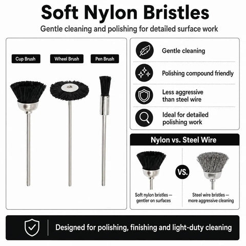 Hella Versatile Soft Nylon Bristle Cup Brushes For Metal Polish And Cleaning With Zero Hassle Rotary Drill Bits And Compact Two Point Three Five Mm Shank showing cup, wheel, and pen brush types.
