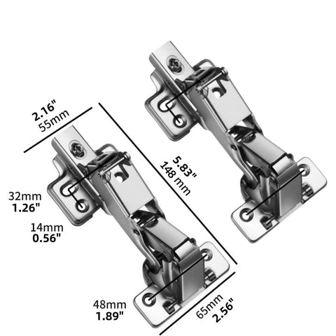 Slam Free 170 Degree Cabinet Hinges Two Pack Full Overlay Heavy Duty Steel Concealed Soft Close Hardware with dimensions.