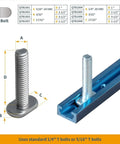 Close-up of T bolt on Double-Cut Universal T-Track And Intersection Kit, showing fit for 1/4" or 5/16" T bolts, for drill press tables.