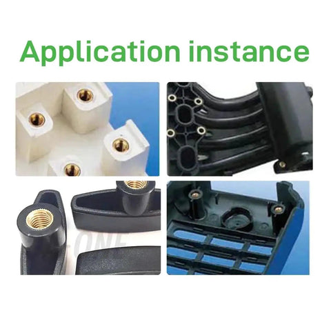 Image showing application of Beefy Brass Threaded Inserts Heat Set Nuts Kit For Woodworking 500 Pieces M2 M2.5 M3 in various materials.