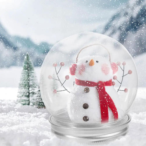 DIY Snow Globe Kit With Ten Clear Plastic Water Globes And Screw Off Caps For Easy Fillable Keepsakes featuring a snowman scene inside a globe