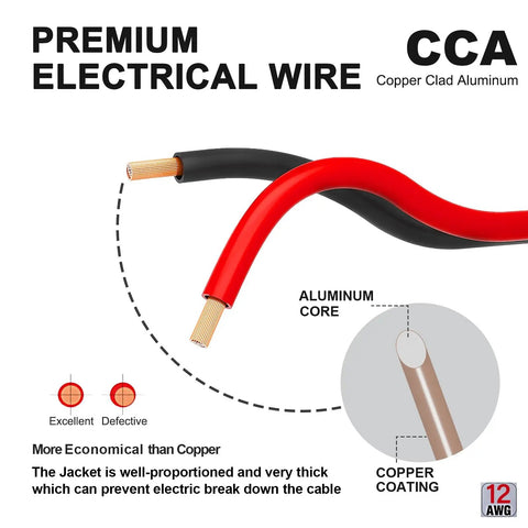 Premium 12 Gauge Red Black Wire 50Ft 12/2 AWG DC Cable For LED Strip Lighting Flexible Copper Clad Aluminum Extension Cord