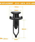 Detailed view of a 9mm black push-type retainer clip for Toyota and Lexus, showing dimensions and OEM replacement numbers 52161-16010, 52161-02020.
