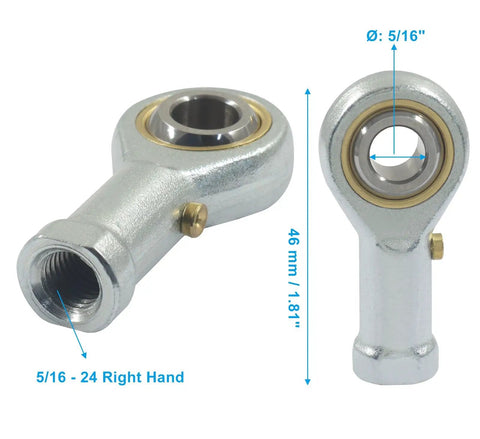 Two Pack 5/16 Inch Bore Rod End Bearing With 5/16-24 Right Hand Thread PHSB5 Self-Lubricating Ball Joint, Jam Nuts Included, Beefy Heavy Duty Linkage Upgrade For Machinery, Auto, And DIY Projects. shown with 5/16 bore and 5/16-24 right-hand thread
