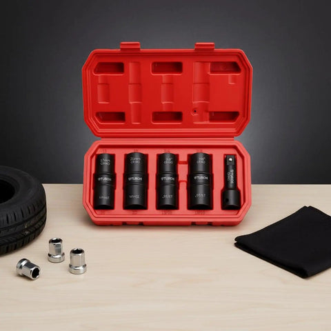 Heavy Duty 5 Piece Tire Socket Wrench Set For Lug Nut Removal With 12 Inch Drive Adapter Double Ended Chrome Molybdenum Steel Kit in red case