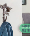 Heavy Duty Cast Iron Bird On a Branch Wall Hook With Screws Included For Real Deal Rustic Home Decor And Darn Smooth Hanging Organization You Will Love, 3.9x1.6x6.5 inches, holding a denim jacket.