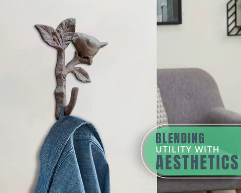 Heavy Duty Cast Iron Bird On a Branch Wall Hook With Screws Included For Real Deal Rustic Home Decor And Darn Smooth Hanging Organization You Will Love, 3.9x1.6x6.5 inches, holding a denim jacket.