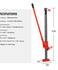 Beefy 3 Ton Farm Jack With 48 Inch Lift, Ratcheting Utility Jack specifications panel and red jack