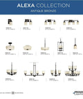 Catalog page featuring various Alexa Collection lighting fixtures in antique bronze finish, including ceiling and chandelier lights, by Progress Lighting.