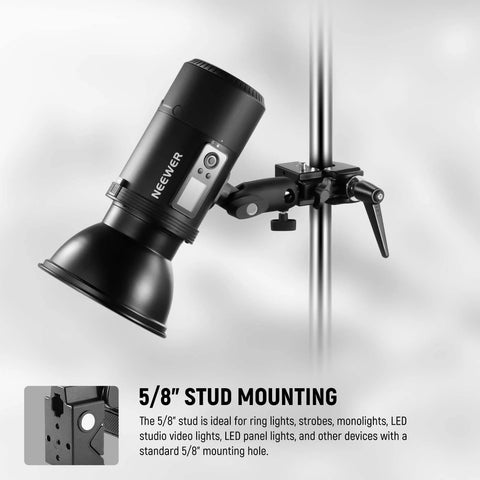 NEEWER 5/8in stud mounting super clamp in black attached to a vertical stand for camera and lighting gear.