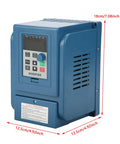 Variable Frequency Drive 380V 3A Speed Controller For 3 Phase 0.75kW Motor, blue VFD front view with measurements