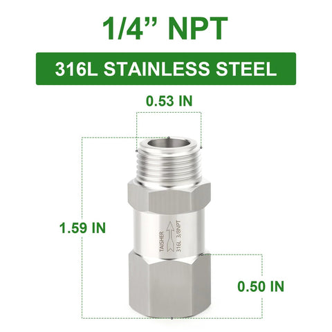 TAISHER 316L stainless steel 1/4 in NPT male to 1/4 in NPT female check valve for backflow prevention