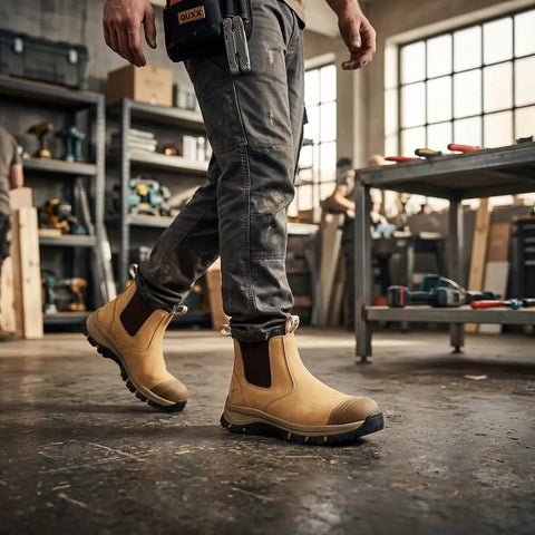 Mens 6 Inch Steel Toe Slip On Work Boots Chelsea Waterproof Safety Footwear Heavy Duty in a workshop setting.