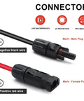 Heavy Duty Twin Wire 50ft Solar Extension Cable, 10AWG black and red wires with IP67 solar panel connectors, labeled male and female plugs.