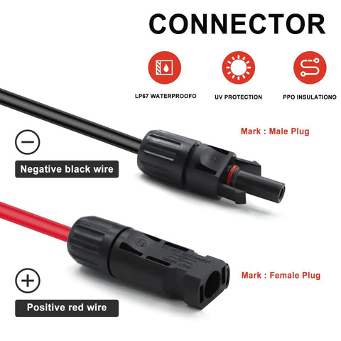 Heavy Duty Twin Wire 50ft Solar Extension Cable, 10AWG black and red wires with IP67 solar panel connectors, labeled male and female plugs.
