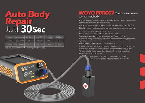Pro Grade Paintless Dent Repair Kit With Heavy Cut Resistant Gloves Fast Auto Body Straightener. WOYO PDR007 electric tool for auto body repair.