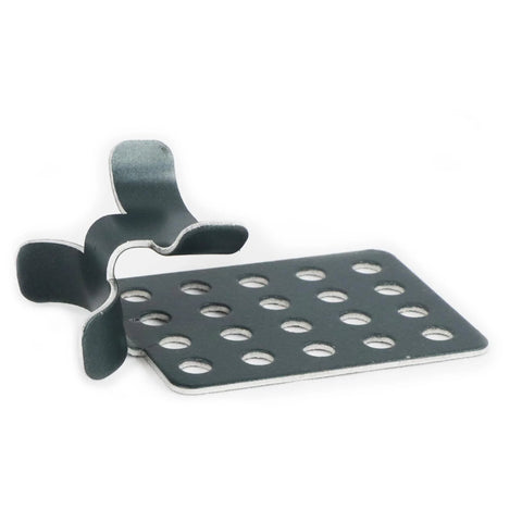 Heatit roof cable clip with perforated metal mounting plate in dark gray.