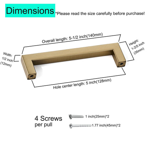 Champagne Bronze Cabinet Pulls 10 Pack 5 Inch Square Cabinet Handles with dimensions and screws, modern stainless steel finish for drawers.