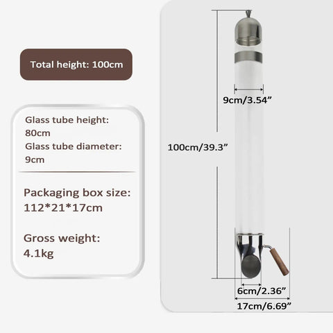 Dimensions of Wall Mounted Coffee Bean Dispenser With Stainless Steel Glass Tube And Adjustable Portion Control for easy storage.