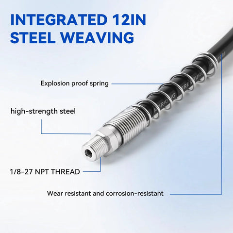 Grease gun hose fitting with 1/8-27 NPT thread, steel braided construction, close-up view