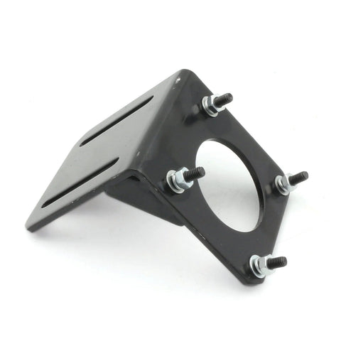 Nema23 stepper motor mounting bracket, black steel, circular bore with four bolt studs