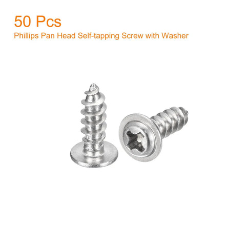 Premium 50 Piece Pack ST4 X 12 Millimeter Phillips Pan Head Self Tapping Screws With Washers showing two screws with washers.