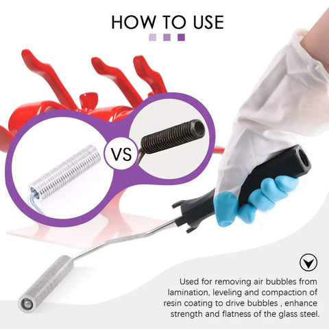 How to use the 4 Piece Fiberglass Roller Tool Set With Detail Brushes And Pro Grade Glove Kit for bubble-free resin finish.