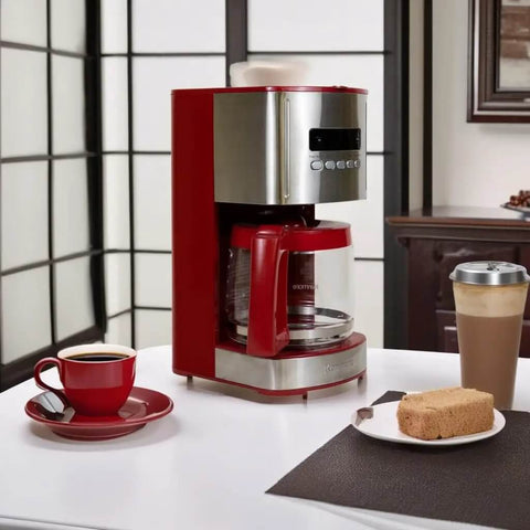 Front view of red 12 Cup Programmable Drip Coffee Maker With Auto Shut Off And Glass Carafe, Regular Or Bold Brews, on a table