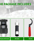 Beefy Precision Keyless Drill Chuck With R8 Shank For 1/32 To 5/8 Inch Bits B18 Fit Heavy Duty Steel 0.005 Inch Runout High Speed Steel Construction For Concentric Rugged Drilling. B18 chuck, R8 shank and wrench shown