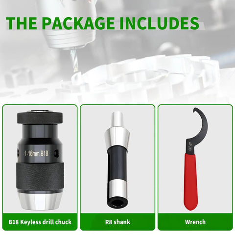 Beefy Precision Keyless Drill Chuck With R8 Shank For 1/32 To 5/8 Inch Bits B18 Fit Heavy Duty Steel 0.005 Inch Runout High Speed Steel Construction For Concentric Rugged Drilling. B18 chuck, R8 shank and wrench shown