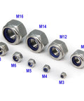 Rock Solid M16 X 2mm Nylon Insert Hex Lock Nuts Built Tough With Top Notch 304 Stainless Steel Heavy Duty Self Locking Hardware Fasteners For Truck And Equipment Upgrades Includes 20 Pieces Metric Fine Thread Parts That Resist Rust - Assorted sizes M3 to M16 with nylon inserts.