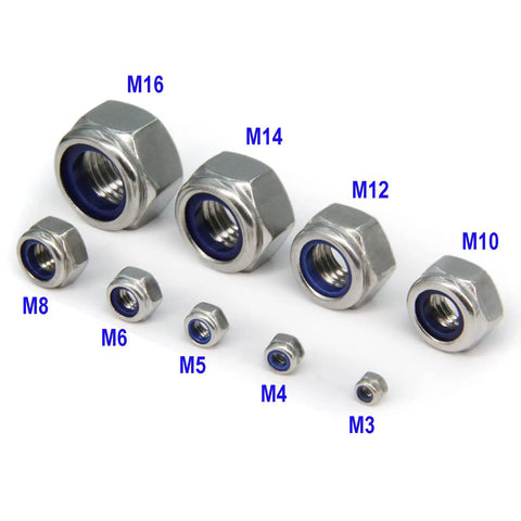 Rock Solid M16 X 2mm Nylon Insert Hex Lock Nuts Built Tough With Top Notch 304 Stainless Steel Heavy Duty Self Locking Hardware Fasteners For Truck And Equipment Upgrades Includes 20 Pieces Metric Fine Thread Parts That Resist Rust - Assorted sizes M3 to M16 with nylon inserts.