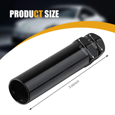6 Spline Lug Nut Socket Set For Wheel Locks And Nuts Universal Steel Removal Tool showing dimensions and black finish