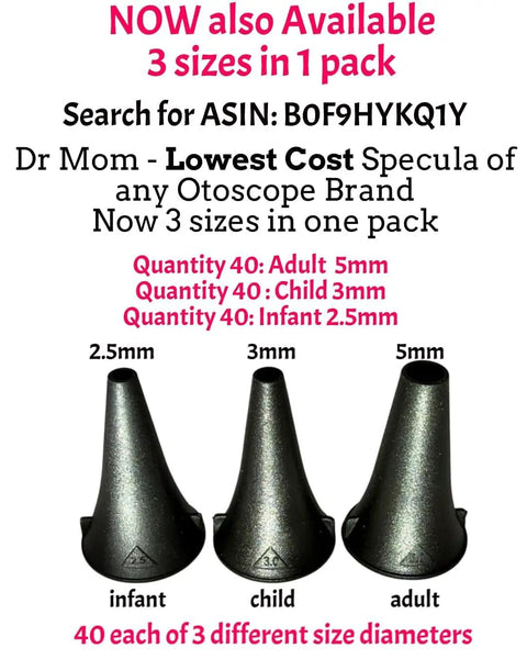 120 Small 3mm Specula For 4th And 5th Gen Otoscope Perfect For Infants And Kids Works With Standard Welch Allyn Otoscopes Not Macroview And Great For Off Brand Units At A Fraction Of The Price. 3mm child otoscope specula, black plastic, shown with 2.5mm and 5mm sizes