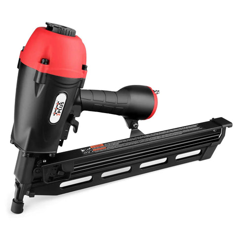 Black and red 21 Degree Full Round Head Framing Nailer With 2 Inch To 3 And A Half Inch Nails Tool Free Depth Adjustment 360 Degree Exhaust