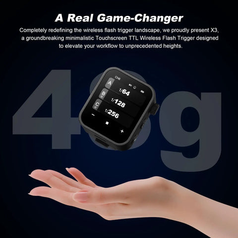 Hand holding X3C TTL Wireless Flash Trigger For Canon with OLED touchscreen, showcasing minimalist design and features.